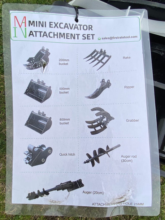 MINI EXCAVATOR 9 PIECE ATTACHMENT SET WITH 25MM PINS