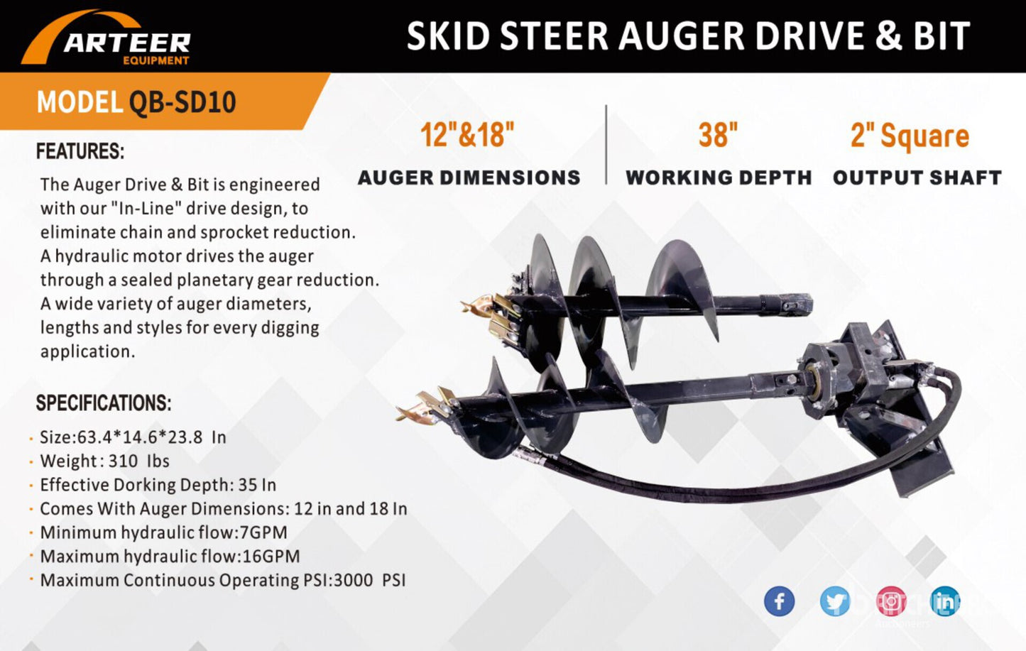MINI SKID STEER AUGER WITH 12" & 18" BITS & FLAT FACE QUICK CONNECTS. (TORO STYLE MOUNT)
