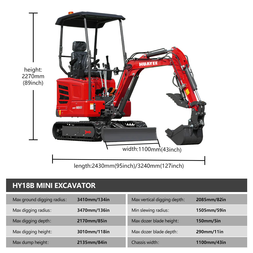HUAYEE HY18B MINI EXCAVATOR W/ KUBOTA D722 DIESEL ENGINE, HYDRAULIC THUMB, HYDRUALIC SWING BOOM. WITH WARRANTY