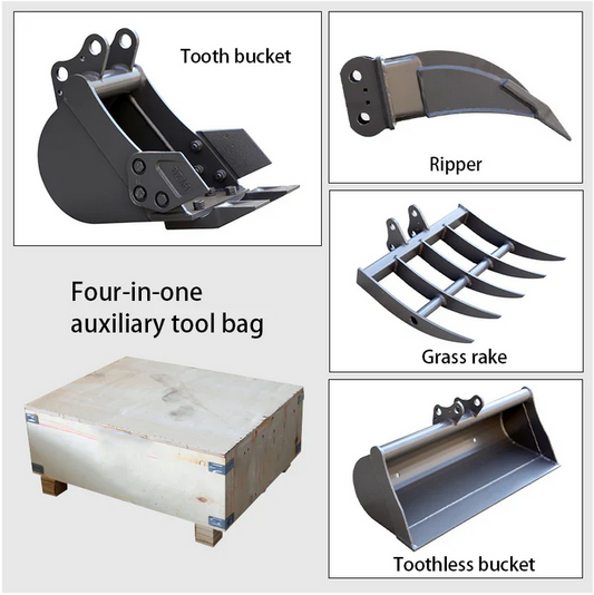 Huayee Mini Excavator 4-Piece Attachment Set WIth 25mm Pins — Cleanup, Digging, Rake & Ripper