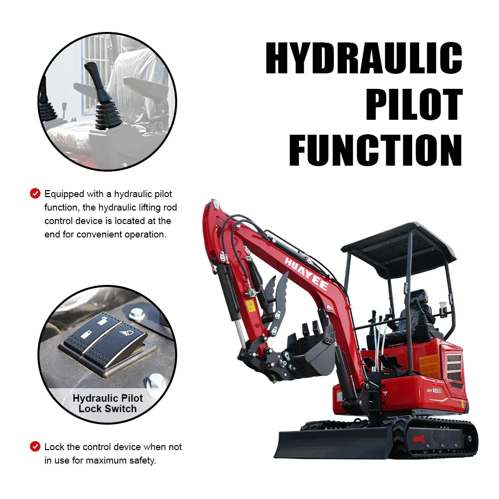 HUAYEE HY18B MINI EXCAVATOR W/ KUBOTA D722 DIESEL ENGINE, HYDRAULIC THUMB, HYDRUALIC SWING BOOM. WITH WARRANTY