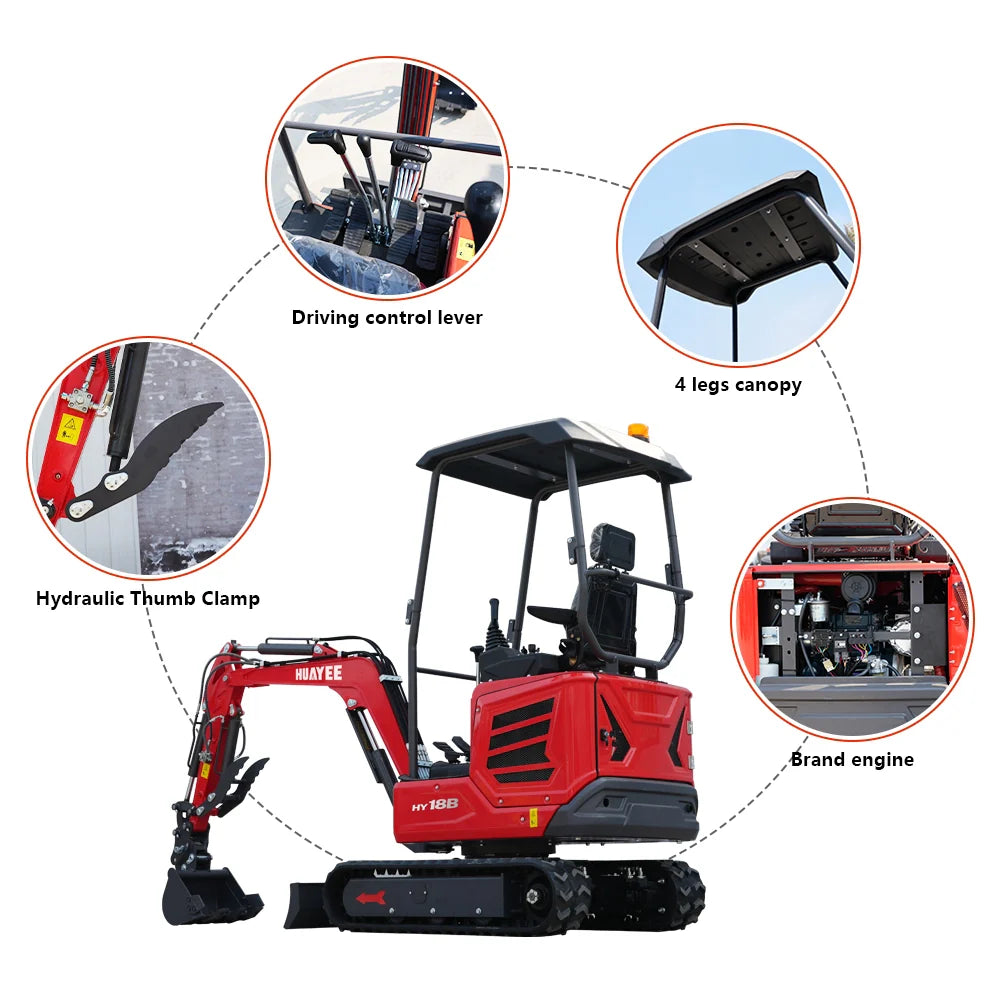 HUAYEE HY18B MINI EXCAVATOR W/ KUBOTA D722 DIESEL ENGINE, HYDRAULIC THUMB, HYDRUALIC SWING BOOM. WITH WARRANTY
